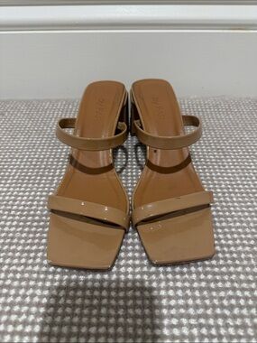 BY FAR Tan Patent Two-Strap Square-Toe Heeled Sandals
